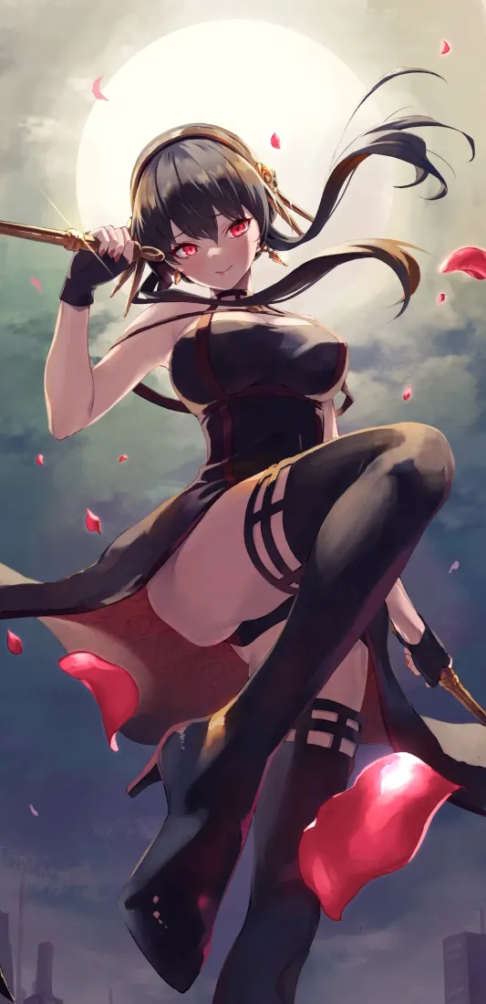高冷美女手机壁纸｜月夜花瓣背景 - 动漫角色「哲风壁纸」