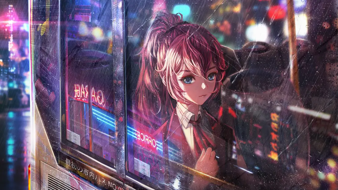 4k动漫少女壁纸｜雨夜车窗背景图片 - 霓虹都市「哲风壁纸」