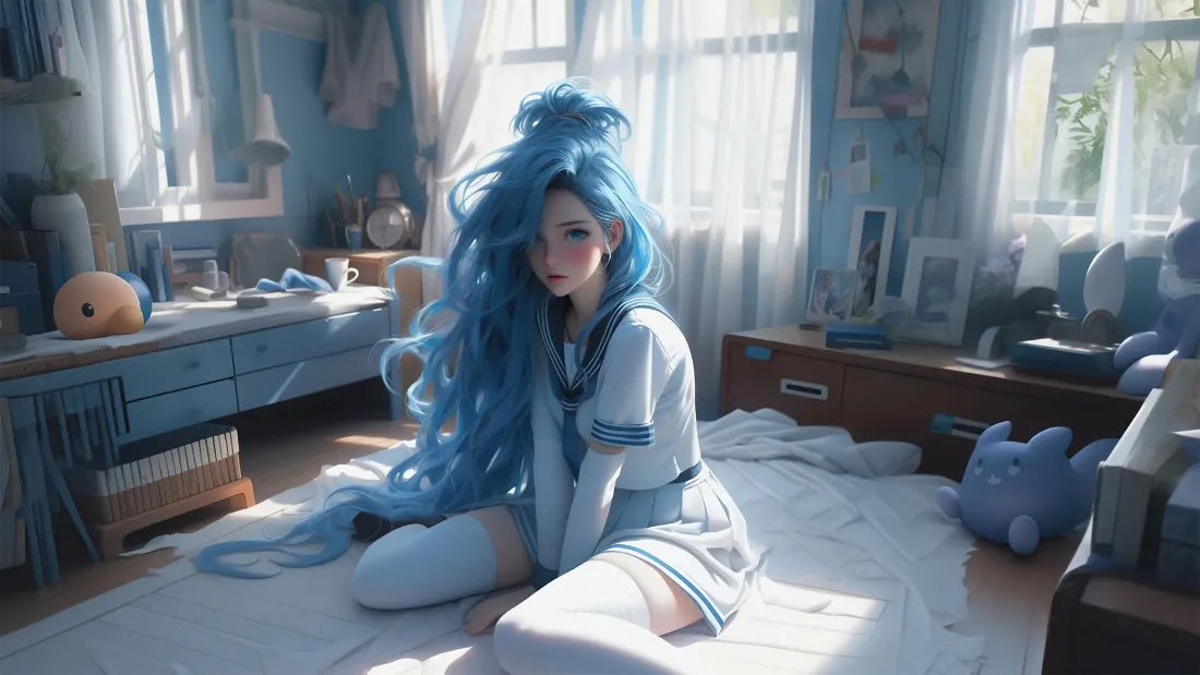2k蓝发少女壁纸｜日系房间背景图片 - 动漫风「哲风壁纸」
