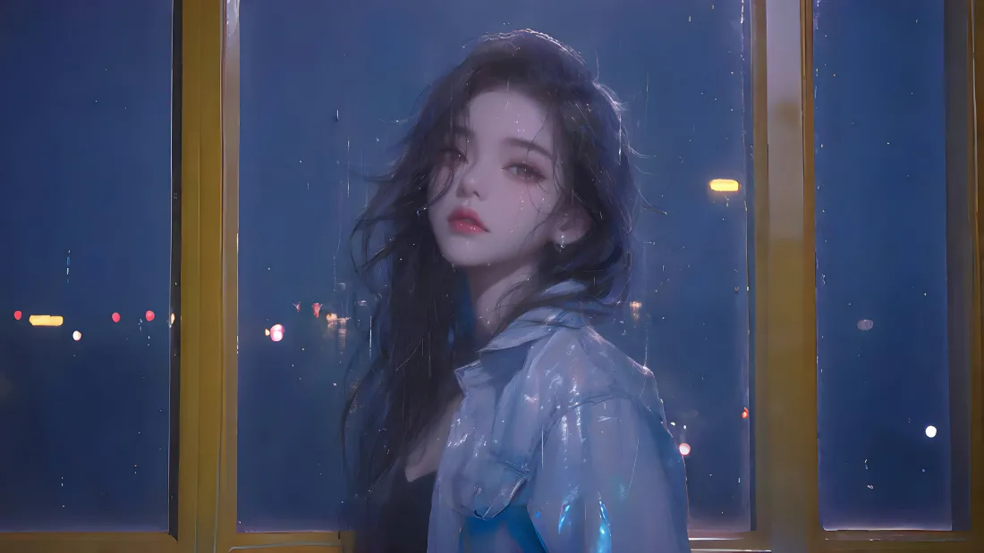 2k蓝发少女壁纸｜雨夜窗边背景图片 - 动漫「哲风壁纸」