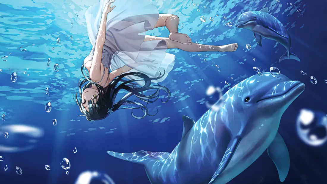 4k深海少女壁纸｜海豚背景图片 - 梦幻同游「哲风壁纸」