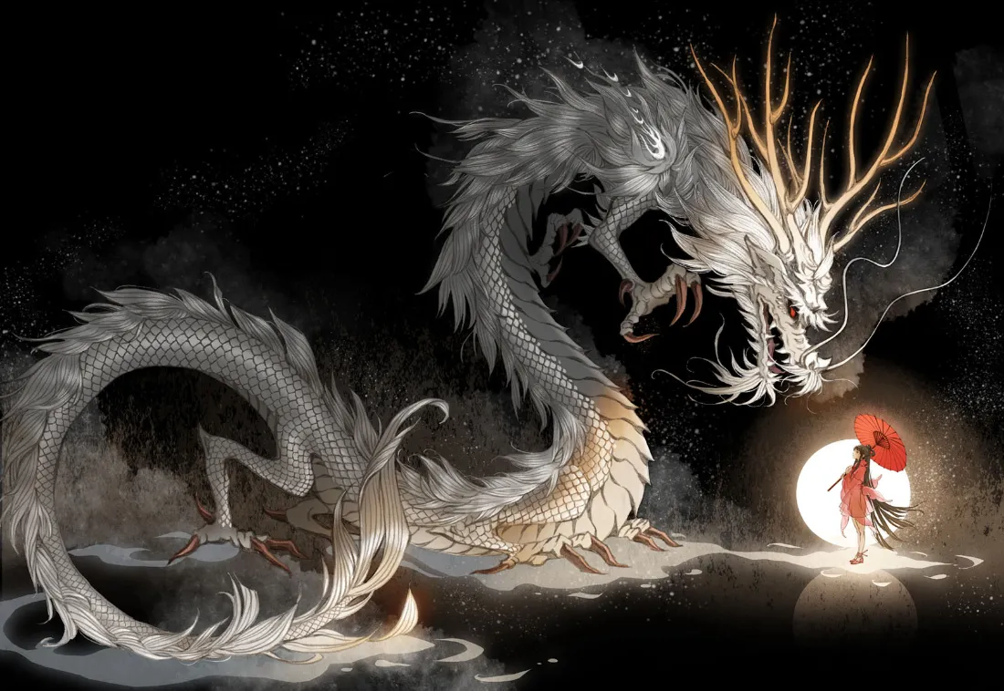 2k少女银龙壁纸｜月夜幻想背景图片 - 二次元「哲风壁纸」