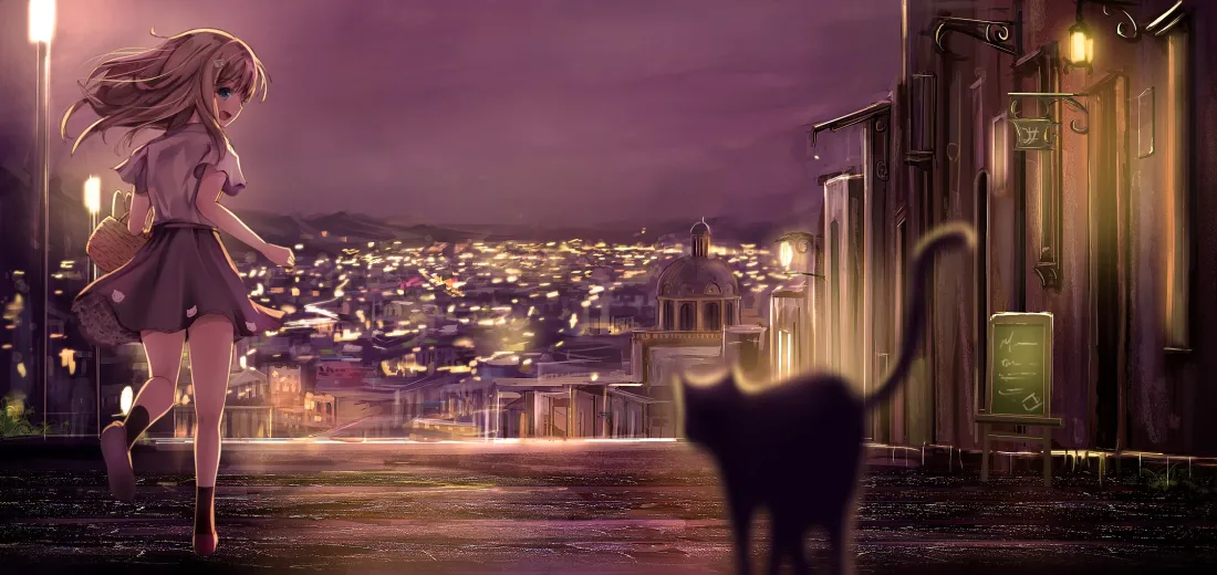 2k少女与猫壁纸｜夜城背景图片 - 二次元「哲风壁纸」