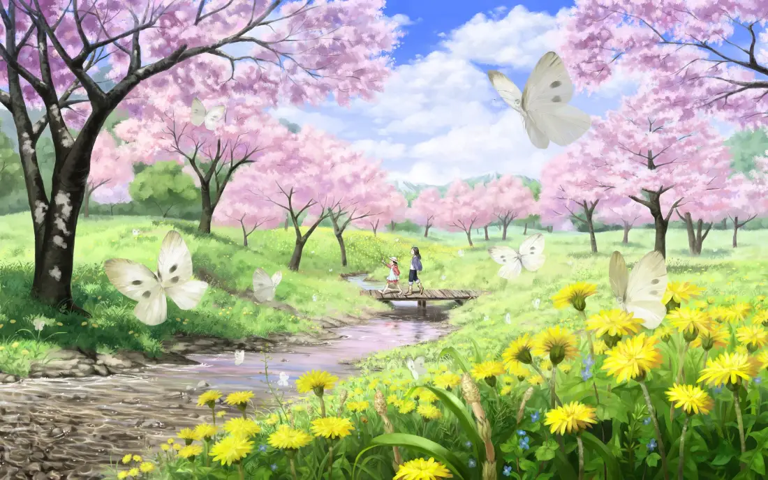 2k樱花纷飞壁纸｜蒲公英小径背景图片 - 日系动漫风景「哲风壁纸」