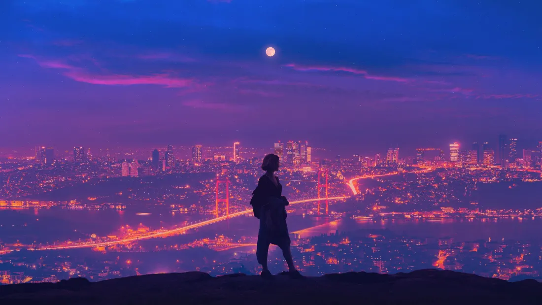 4k少女壁纸｜城市夜景背景图片 - 月夜剪影「哲风壁纸」