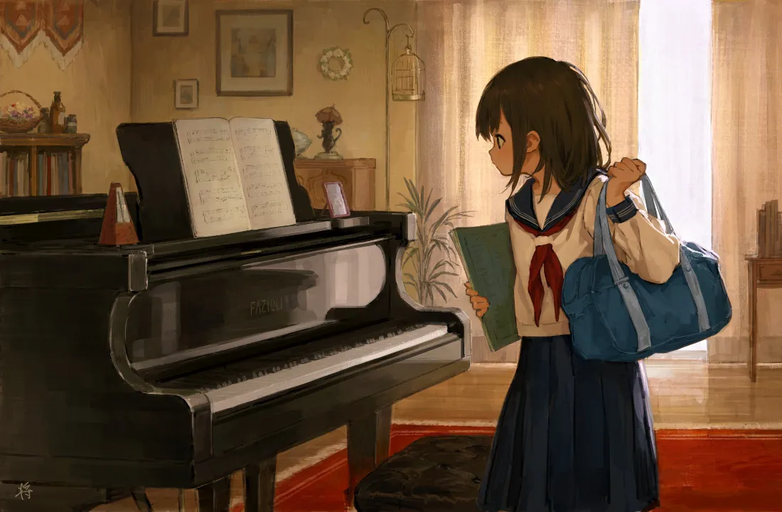 2k水手服少女｜钢琴房背景图片 - 二次元「哲风壁纸」