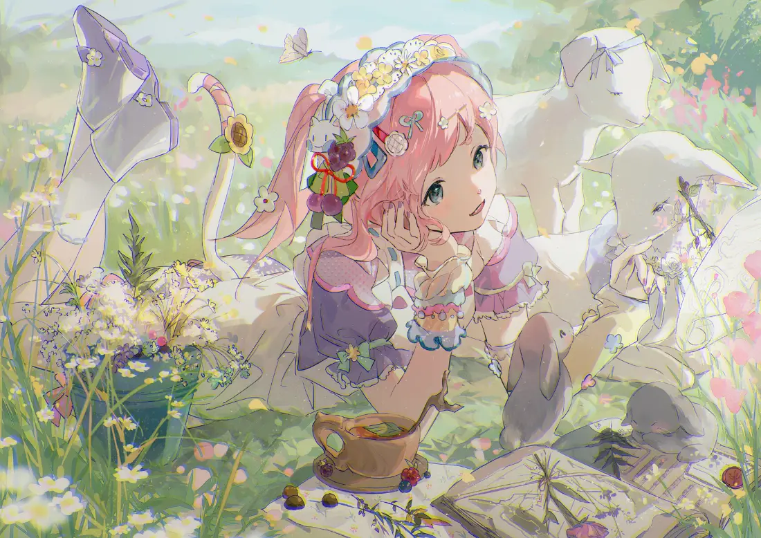 2k粉发少女壁纸｜花丛背景图片 - 二次元「哲风壁纸」
