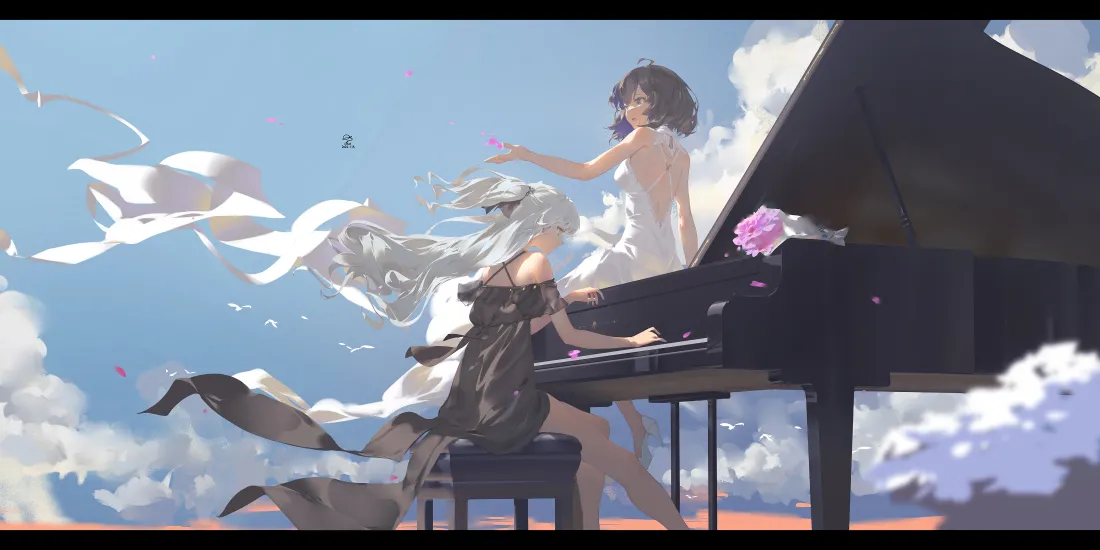 4k钢琴少女壁纸｜纸飞机天空背景图片 - 二次元「哲风壁纸」