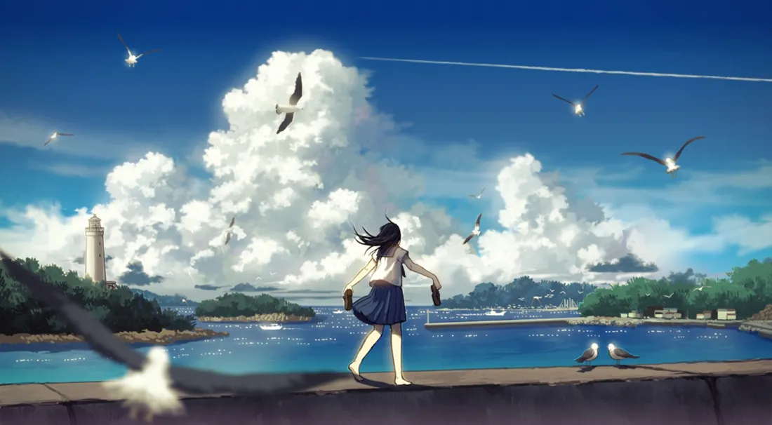 2k日系少女海边壁纸｜动漫风背景图片 - 海鸥相伴「哲风壁纸」