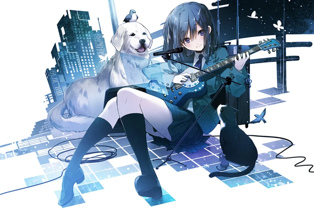 2k蓝发少女白犬壁纸｜吉他都市夜景背景 - 二次元「哲风壁纸」