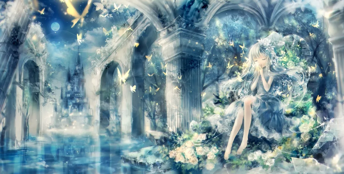2k幻夜城堡壁纸｜花蝶少女背景图片 - 二次元「哲风壁纸」