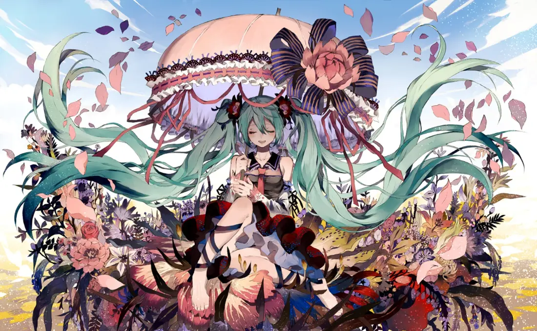 2k初音未来壁纸｜二次元梦幻花海雨伞背景图「哲风壁纸」
