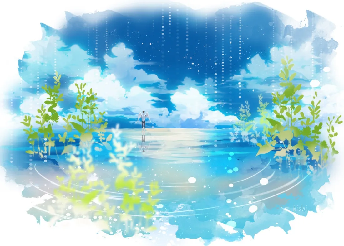 2k蓝天白云绿植水面壁纸｜二次元背景图片 - 清新场景「哲风壁纸」