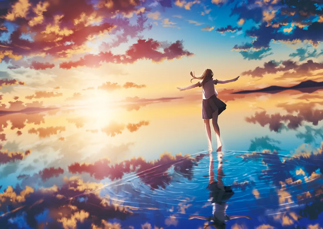 2k二次元少女壁纸｜夕阳水面倒影背景图片「哲风壁纸」
