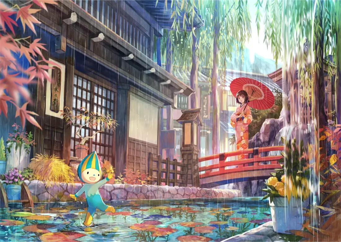 2k小精灵日式庭院壁纸｜撑伞少女背景图片 - 二次元「哲风壁纸」