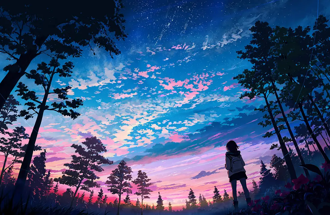 2k星空森林壁纸｜二次元少女背景图片 - 夜景「哲风壁纸」