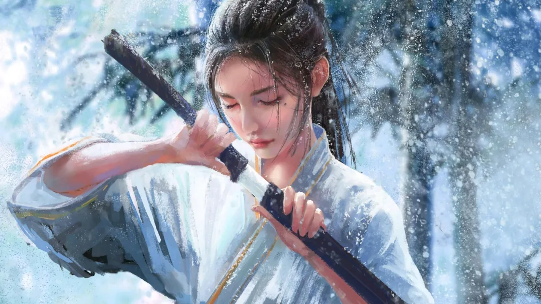 2k武侠少女壁纸｜雪夜山林背景图片 - 古风「哲风壁纸」
