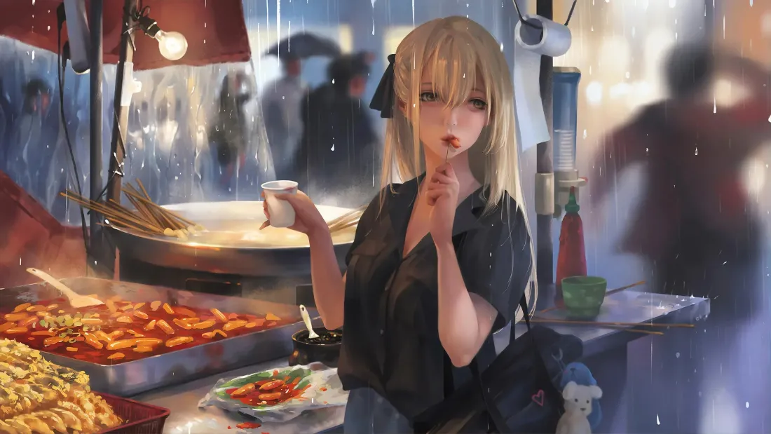 2k金发少女壁纸｜雨夜市集背景图片 - 二次元「哲风壁纸」