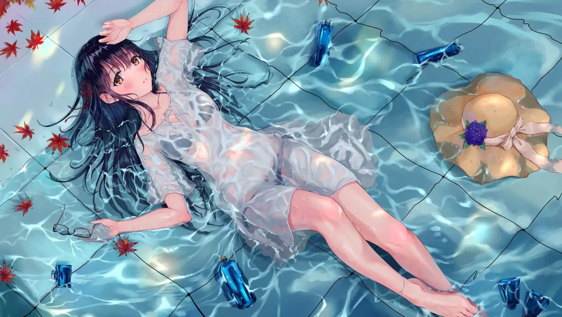 2k星月夜少女壁纸｜水畔躺卧背景图片 - 二次元「哲风壁纸」