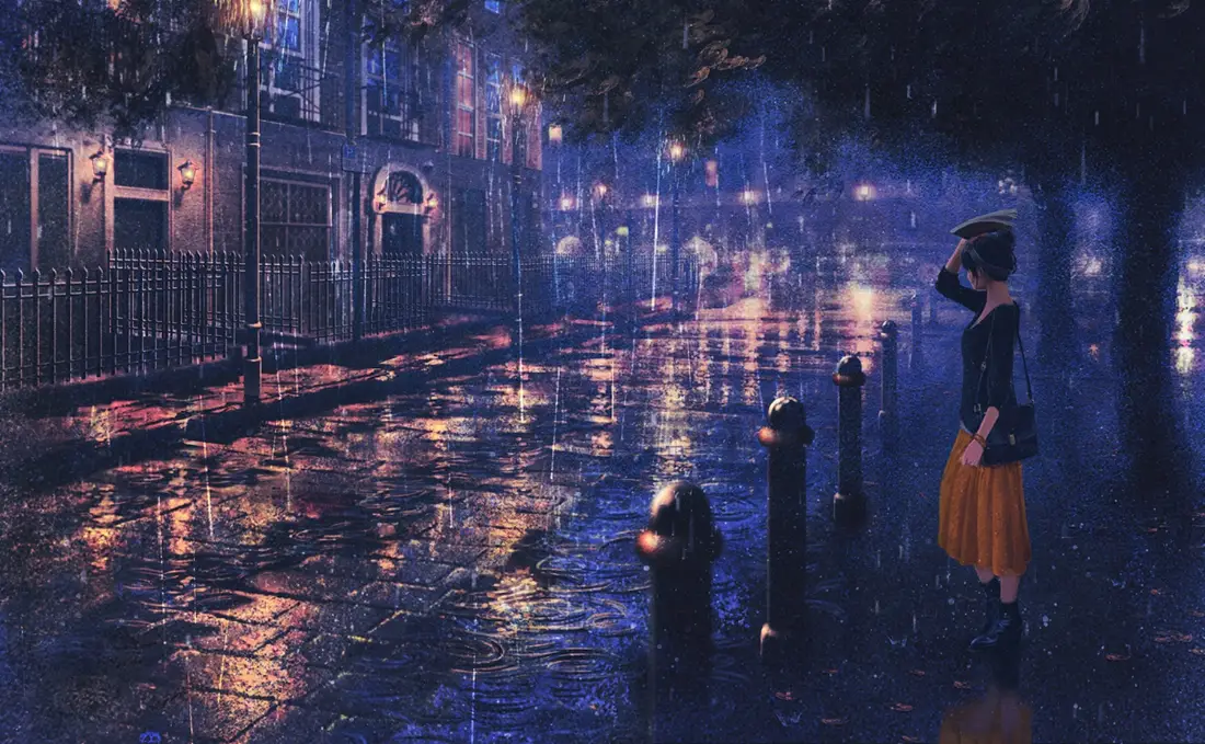 2k二次元女孩壁纸｜雨夜街道背景图片 - 静谧夜景「哲风壁纸」