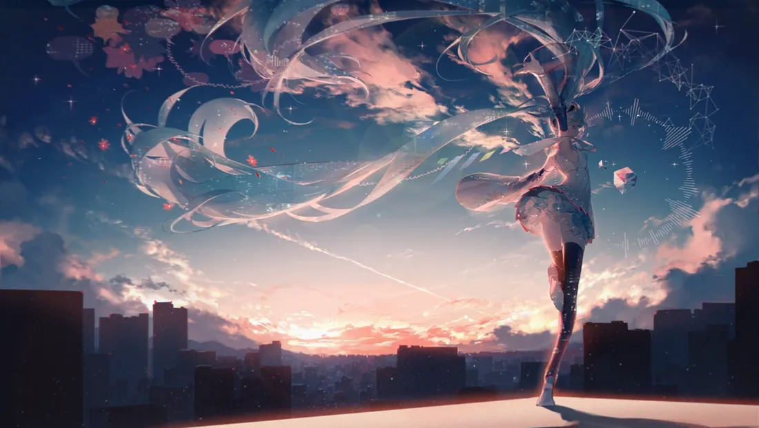 2k初音未来壁纸｜黄昏城市月夜飘带背景图 - 二次元「哲风壁纸」