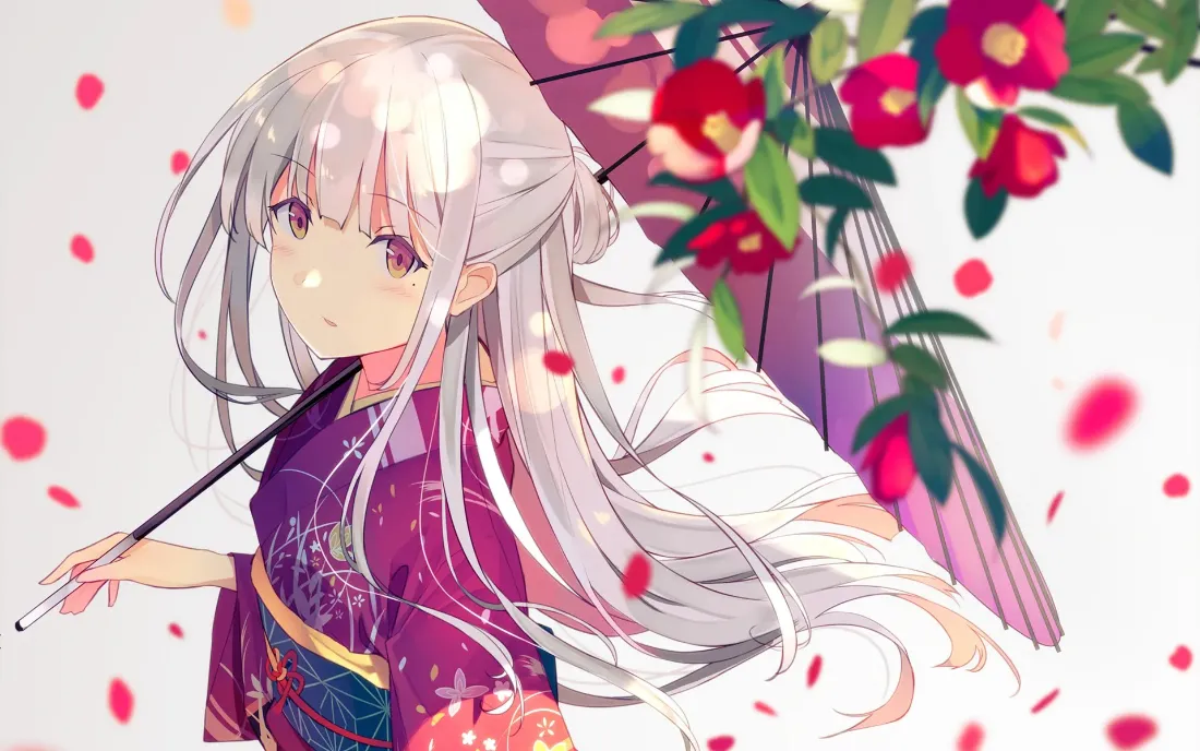 2k银发少女壁纸｜樱花和服背景图片 - 二次元「哲风壁纸」