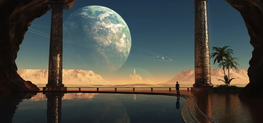 2k星际拱门壁纸｜梦幻水面背景图片 - 宇宙黄昏「哲风壁纸」