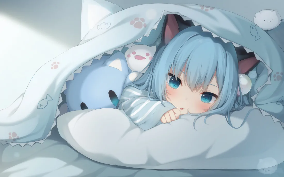 4k蓝发猫耳少女壁纸｜治愈卧室背景图片 - 猫羽雫「哲风壁纸」