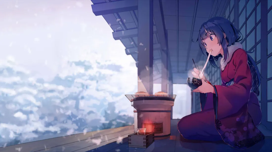 3k和服少女壁纸｜雪景阳台背景图片 - 二次元「哲风壁纸」
