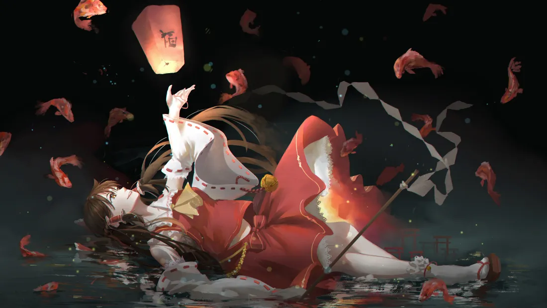 4k(东方Project壁纸｜博丽灵梦背景图片 - 夜影灯笼)「哲风壁纸」