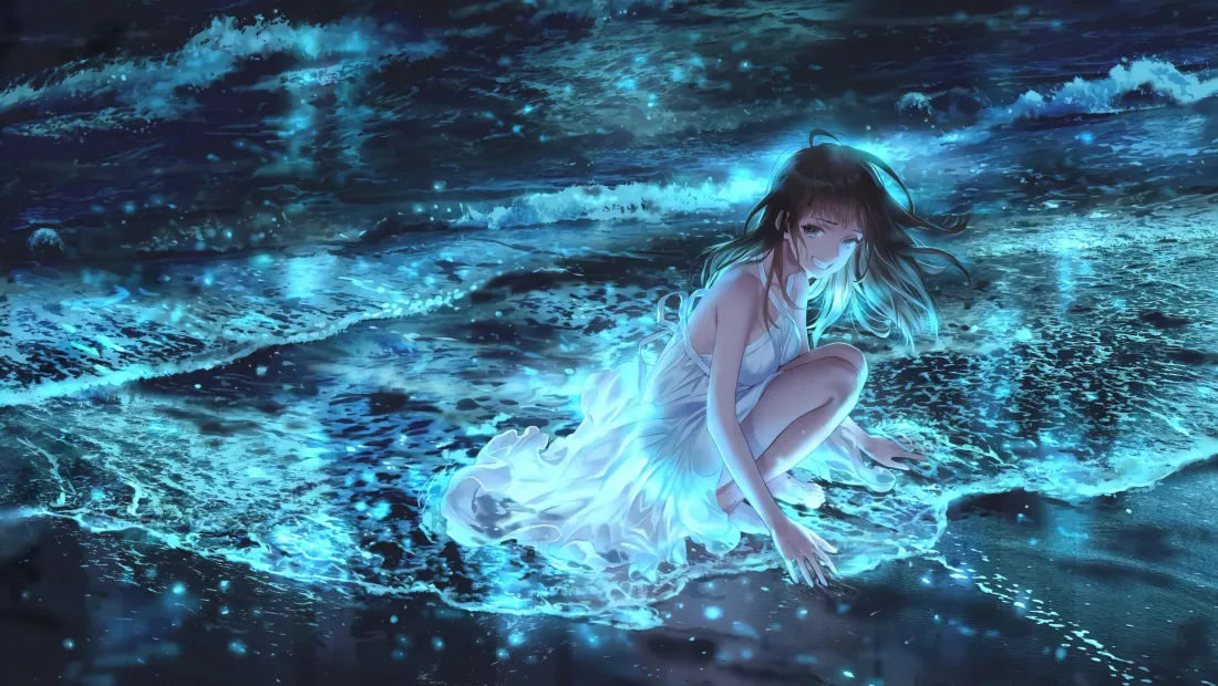 2k蓝海少女壁纸｜夜浪背景图片 - 二次元「哲风壁纸」