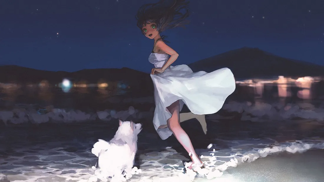 2k少女壁纸｜星夜海岸背景图片 - 白犬共舞「哲风壁纸」