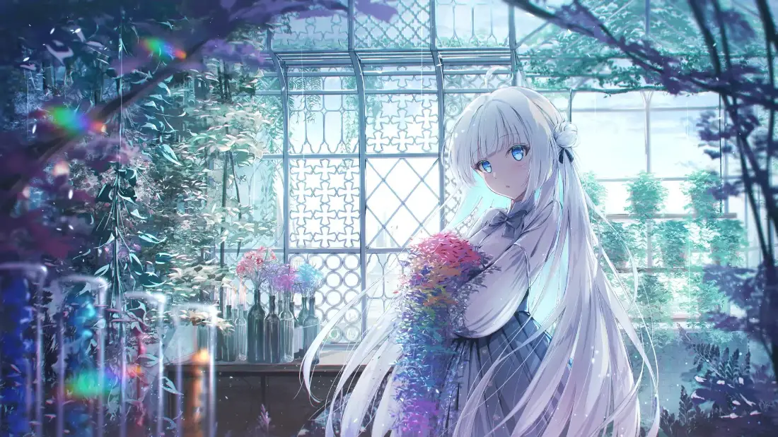2k银发少女壁纸｜温室花房背景图片 - 二次元「哲风壁纸」