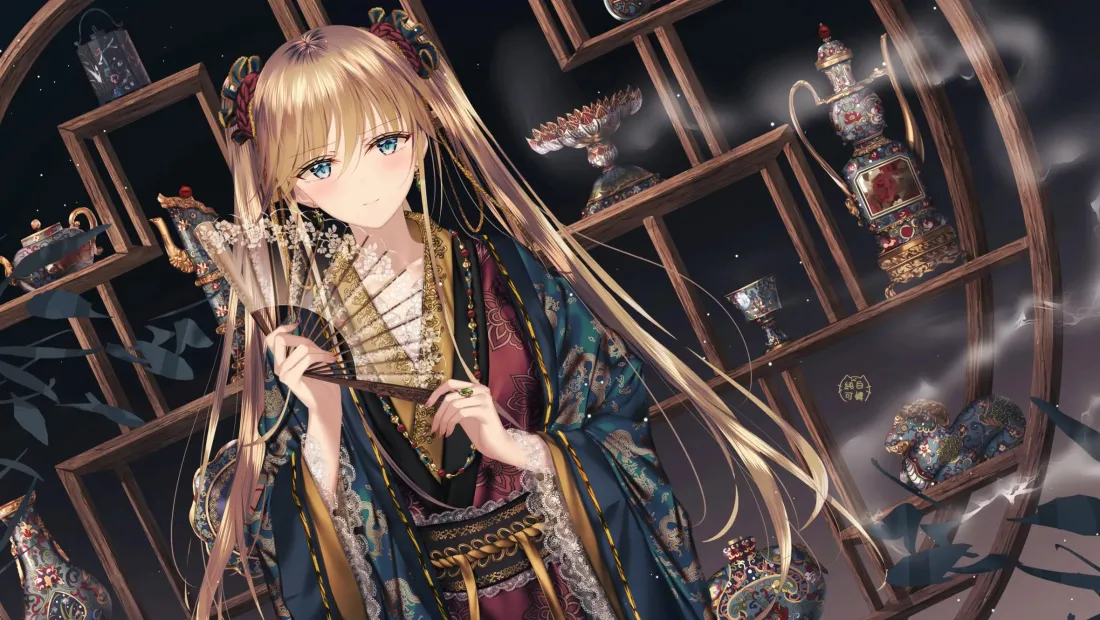 2k东方少女壁纸｜折扇背景图片 - 二次元「哲风壁纸」