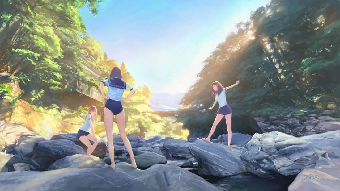 2k溪流少女壁纸｜二次元户外场景 - 阳光森林「哲风壁纸」