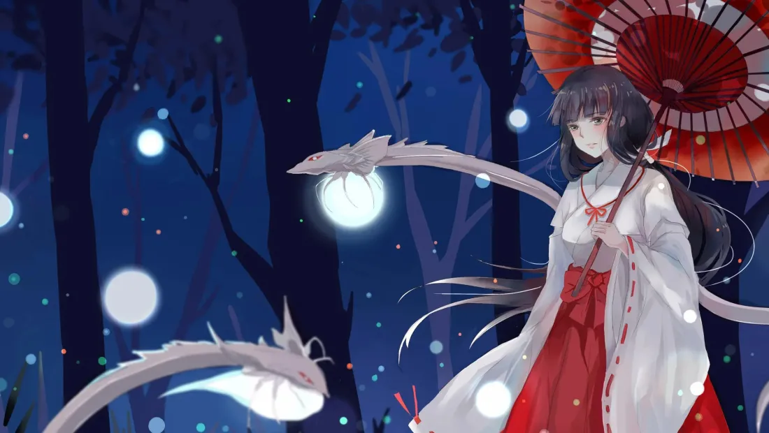 2k桔梗巫女服壁纸｜月夜白龙背景图片 - 犬夜叉「哲风壁纸」