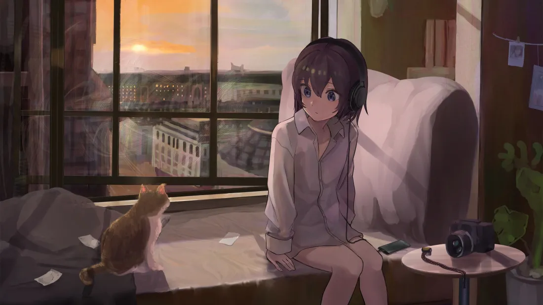 4k少女猫咪壁纸｜黄昏窗台背景图片 - 二次元「哲风壁纸」