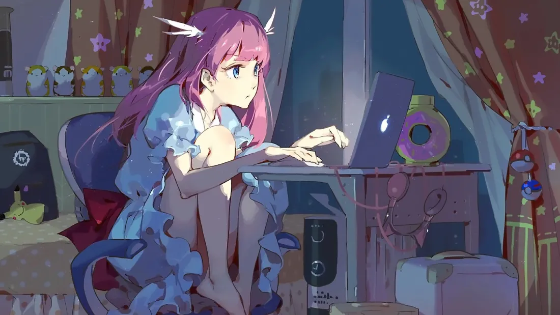 2k粉发少女壁纸｜深夜房间背景图片 - 二次元「哲风壁纸」