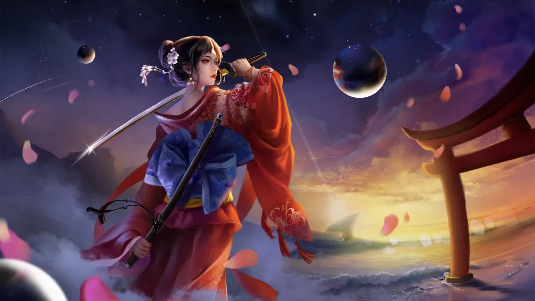 2k和服女武士壁纸｜月夜鸟居背景图片 - 插画「哲风壁纸」