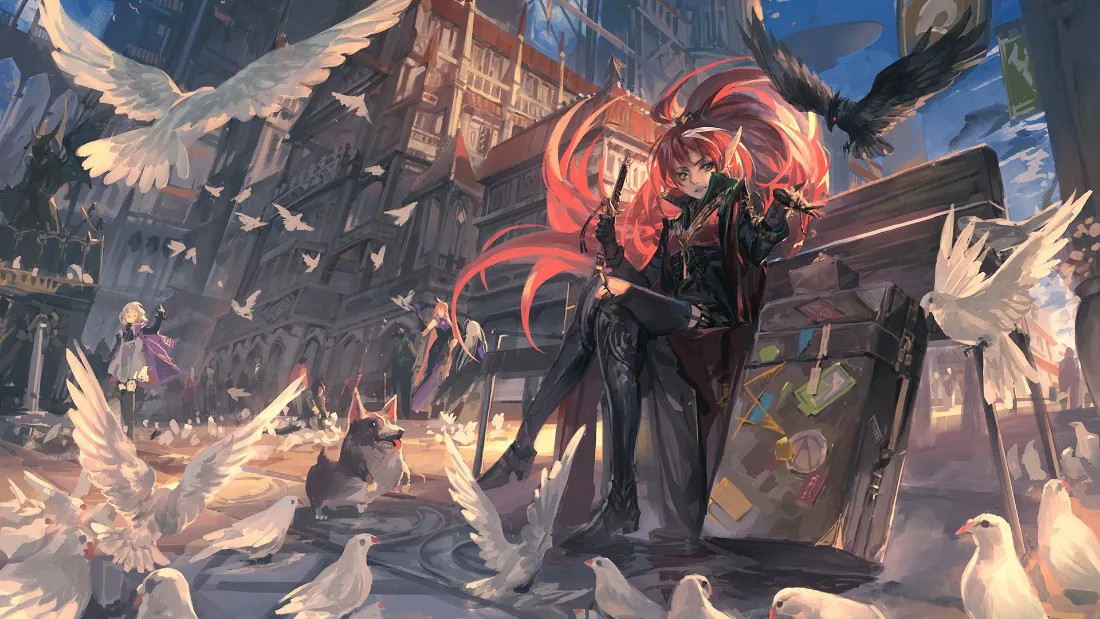 2k红发少女壁纸｜鸽群废墟背景图片 - 二次元「哲风壁纸」