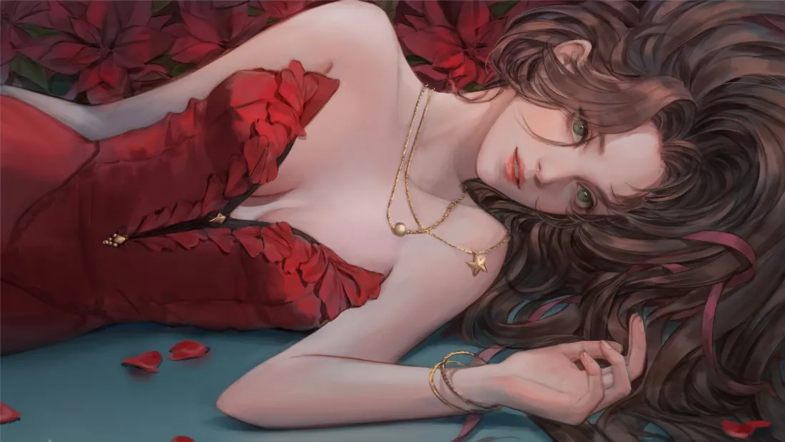 2k红裙女孩壁纸｜花瓣艺术背景图片 - 插画「哲风壁纸」