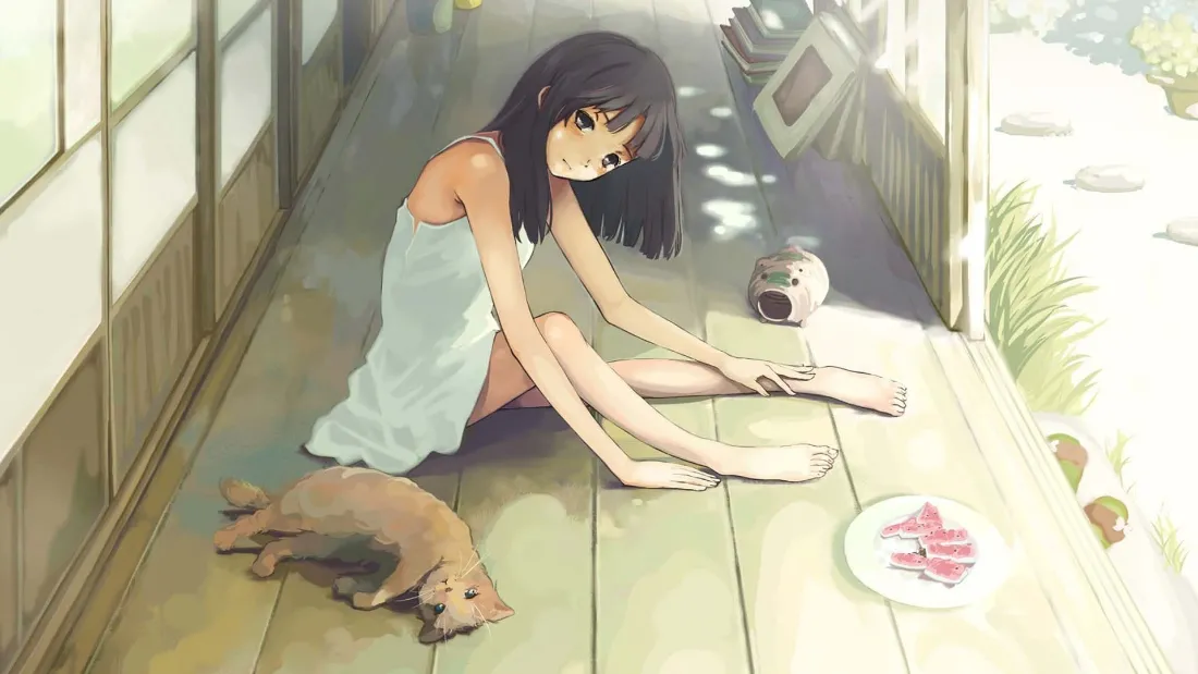 2k日式庭院猫咪少女壁纸｜木地板背景图片 - 二次元「哲风壁纸」