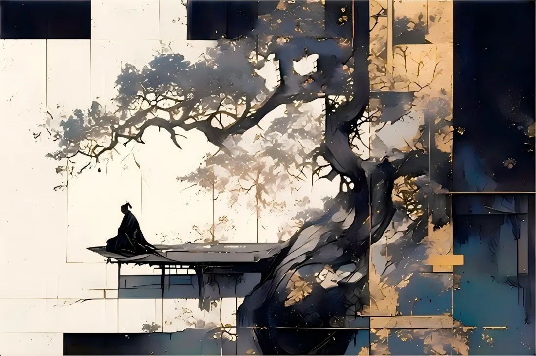 2k独坐身影壁纸｜枯树建筑背景 - 静谧插画「哲风壁纸」
