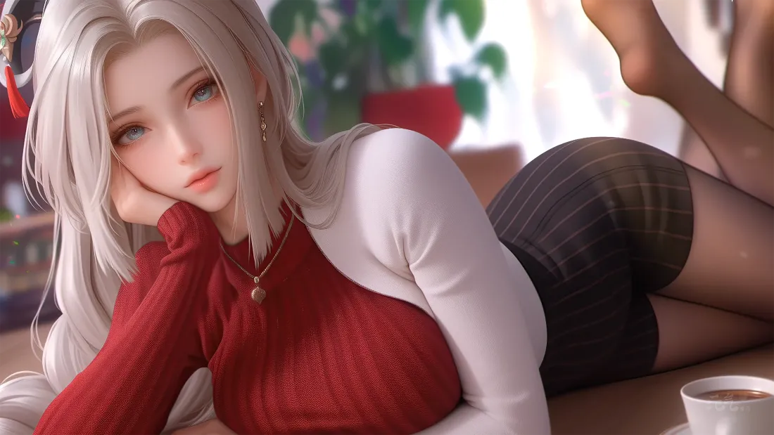 4k性感红色毛衣美女壁纸｜居家背景图片 - 长发少女「哲风壁纸」