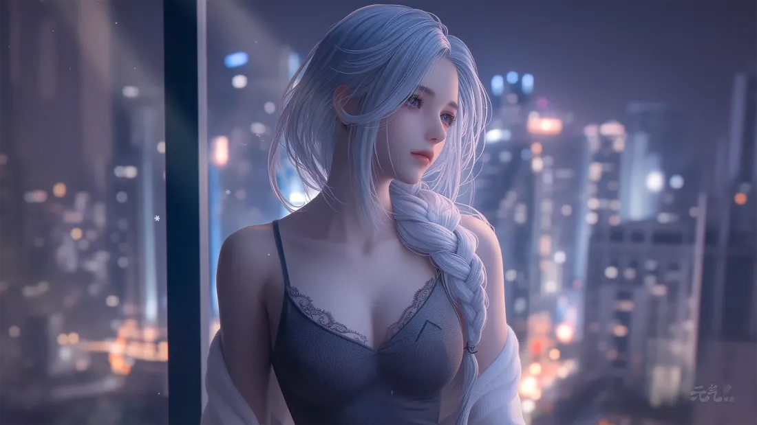 4k纯欲风壁纸｜都市夜景背景图片 - 白发少女「哲风壁纸」