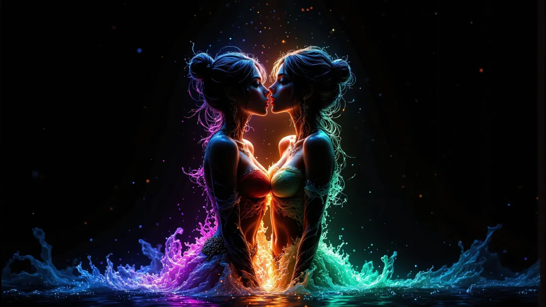 4k（双生女壁纸｜幻彩光影背景图片 - 相拥剪影）「哲风壁纸」