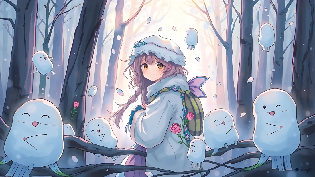 5k冬日精灵女孩壁纸｜森林雪景背景图片 - 自然「哲风壁纸」