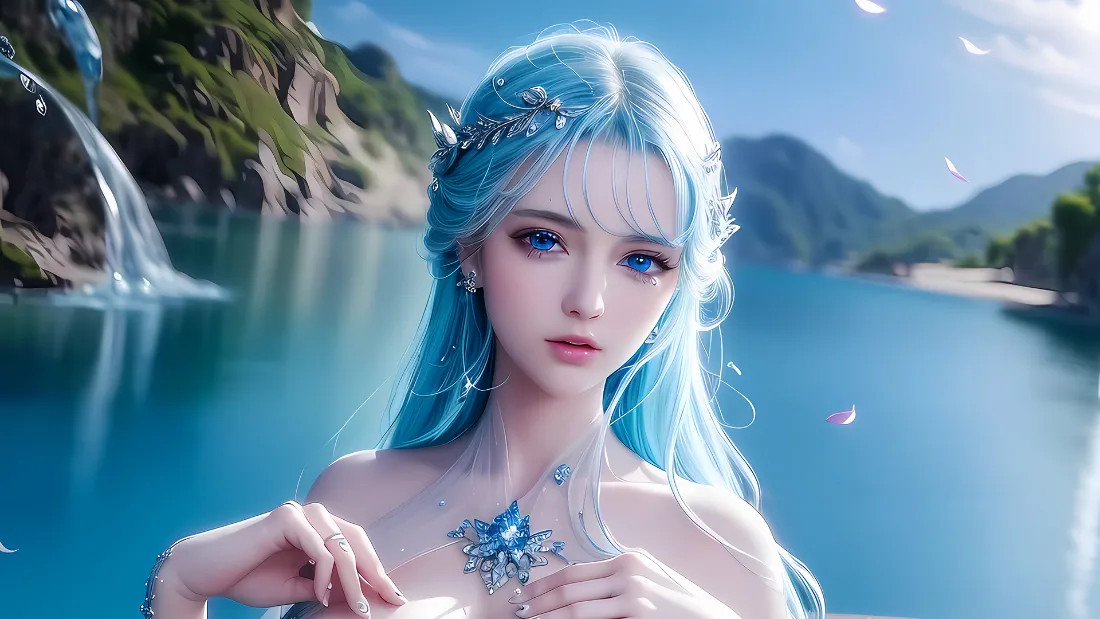 2k蓝发美女壁纸｜梦幻山水背景图片 - 唯美「哲风壁纸」