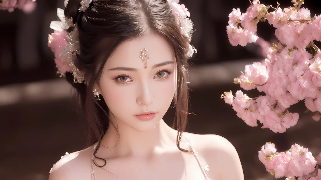 2k古风美女壁纸｜桃花背景图片 - 精致花钿「哲风壁纸」