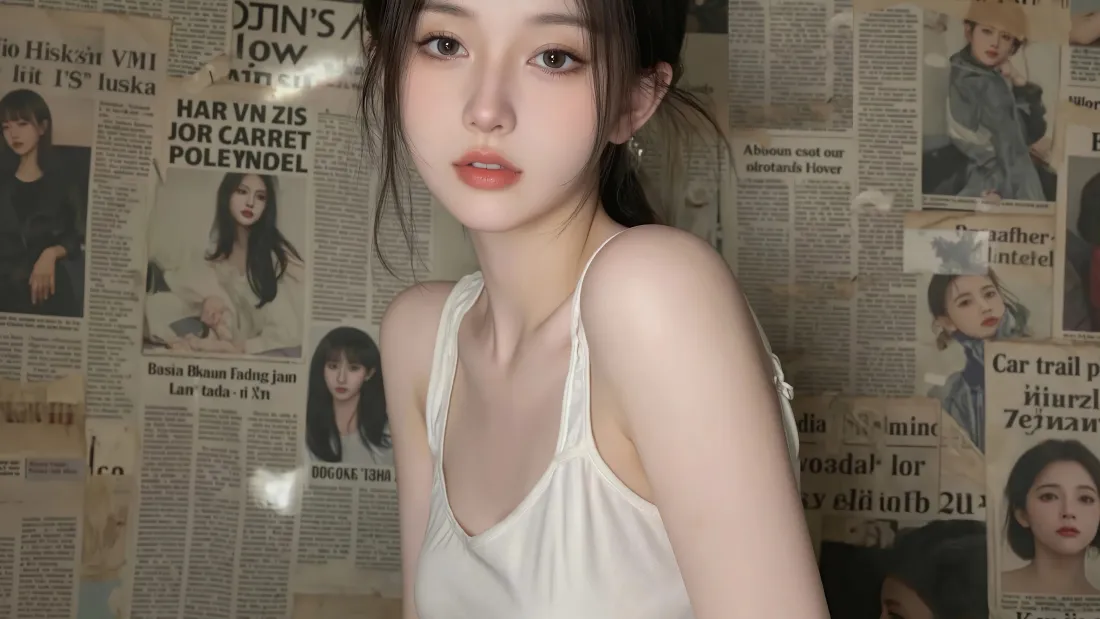 4k白衣少女壁纸｜报纸墙背景图片 - 极品「哲风壁纸」